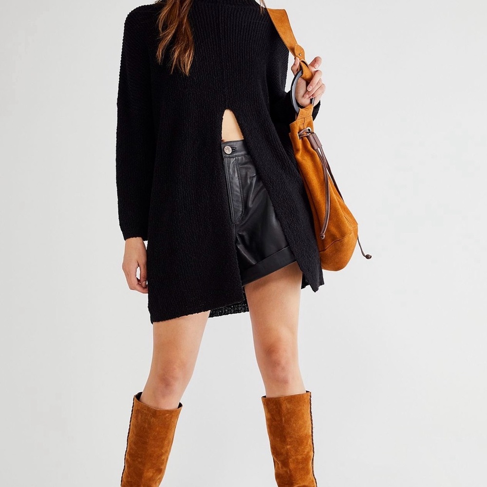 Free People Black Longline Mock Neck Sweater